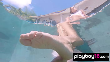 Playboy18.com - Skinny Russian babe reveals her cunt in the pool outdoor