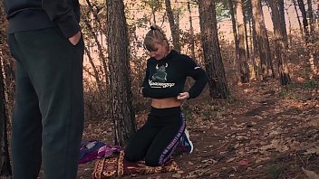 Blowjob and cum on tits in the forest. Russian Stalker Karina and security guard Ivan