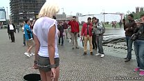 Busty blonde Euro slave Milf d. in public outdoor then whipped by master Steve Holmes